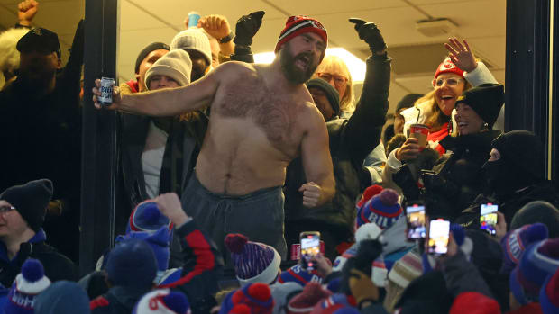 Former Philadelphia Eagles center Jason Kelce reacts after the Kansas City Chiefs score against the Buffalo Bills.